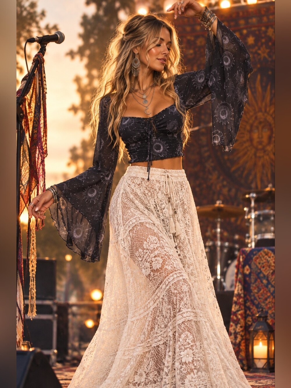 #38 Boho Black Bell-Sleeve Crop Top - Elegant Festival Women's Maxi Top